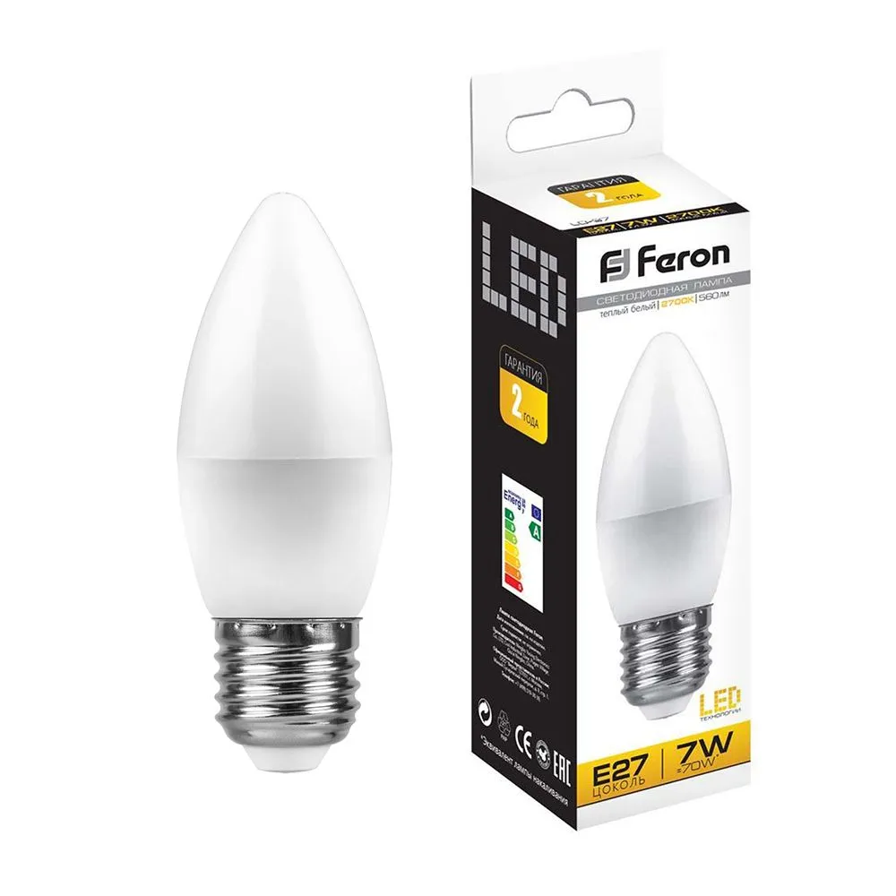 Лампа светодиодная LB-97 7Вт C37 свеча 2700К E27 230В FERON 25758