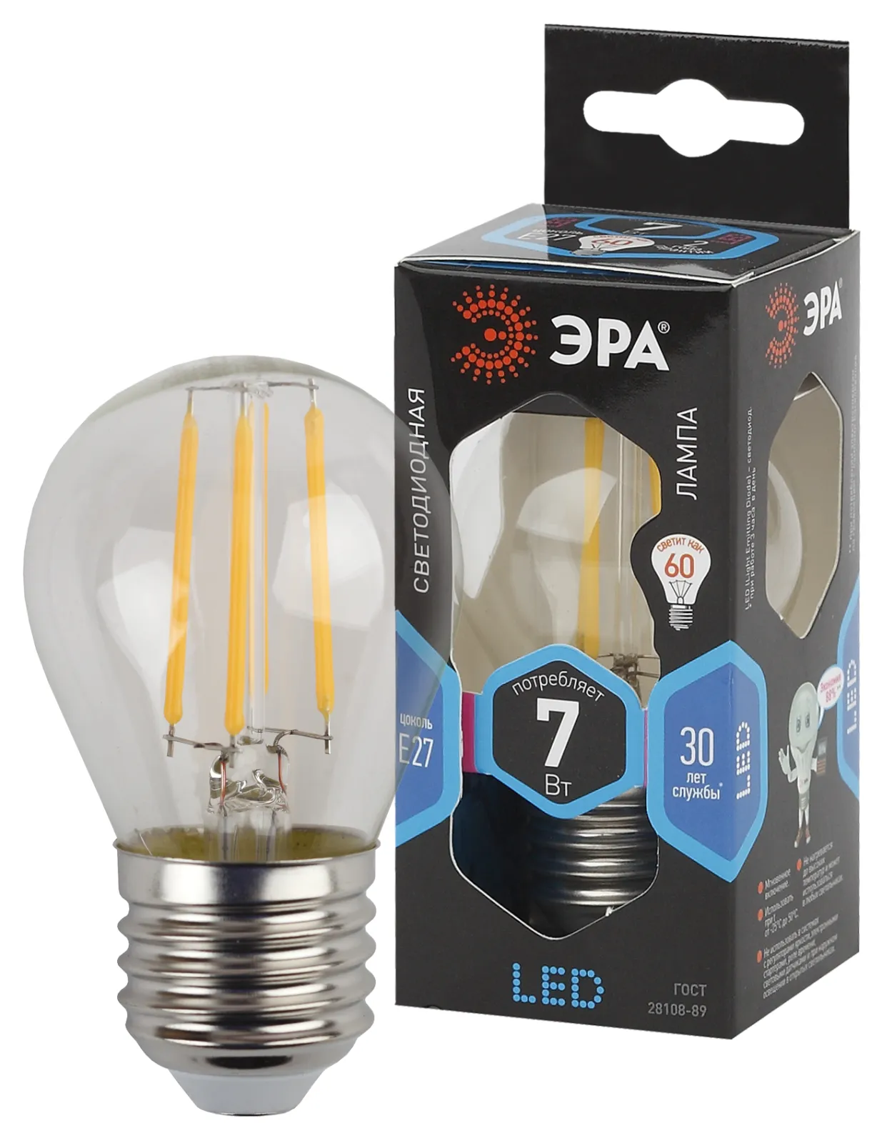 Лампа светодиодная F-LED P45-7W-840-E27 Лампы СВЕТОДИОДНЫЕ F-LED ЭРА (филамент, шар, 7Вт, нейтр, E27