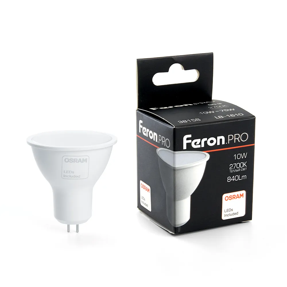 Лампа светодиодная LB-1610 10Вт MR16 2700К G5.3 230В FERON 38158