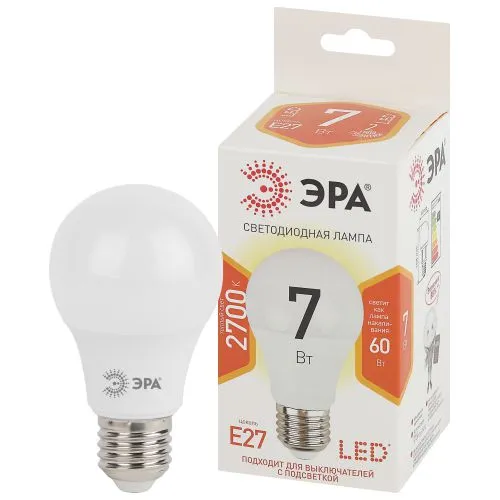 Лампа светодиодная LED A60-7W-827-E27 Лампы СВЕТОДИОДНЫЕ СТАНДАРТ ЭРА (диод, груша, 7Вт, тепл, E27) 