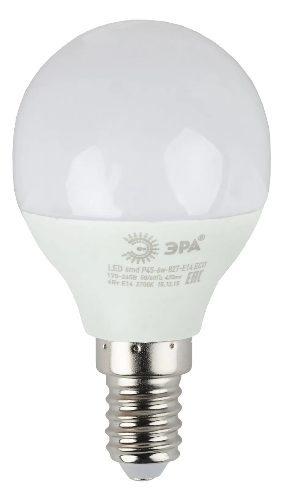 Лампа cветодиодная ECO LED P45-6W-827-E14 (диод, шар, 6Вт, тепл, E14) (10/100/4000) | Б0020626 | ЭРА