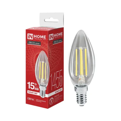 Лампа светодиодная филаментная LED-СВЕЧА-deco свеча прозрачная 15Вт 230В E14 4000К 1455лм IN HOME 46