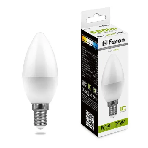 Лампа светодиодная LB-97 7Вт C37 свеча 4000К E14 230В FERON 25476