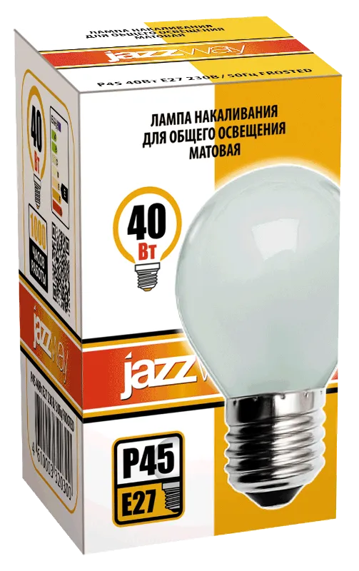 Лампа накаливания ЛОН  40Вт Е27 240В P45 frosted | 3320300 | Jazzway