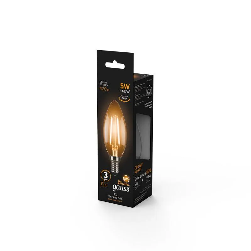 Лампа светодиодная филаментная Black Filament 5Вт свеча 2700К тепл. бел. E14 420лм GAUSS 103801105