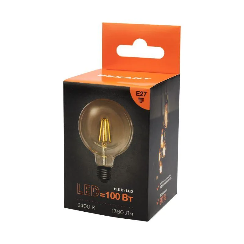 Лампа филаментная LOFT GLOBE A125 11.5 Вт 1380 Лм 2400K E27 золотистая колба | 604-144 | Rexant