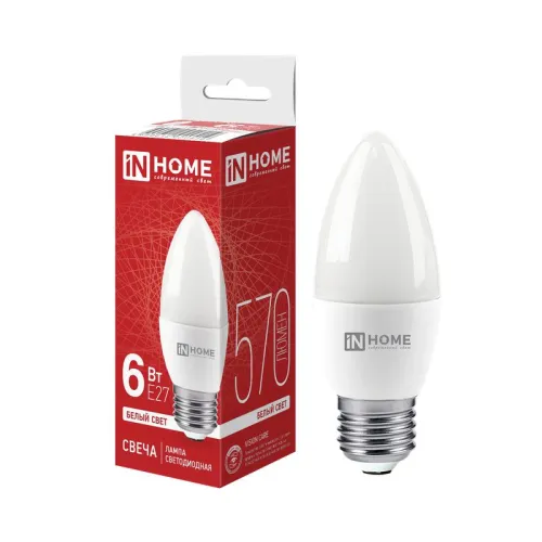 Лампа светодиодная LED-СВЕЧА-VC 6Вт свеча 4000К нейтр. бел. E27 570лм 230В IN HOME 4690612020419