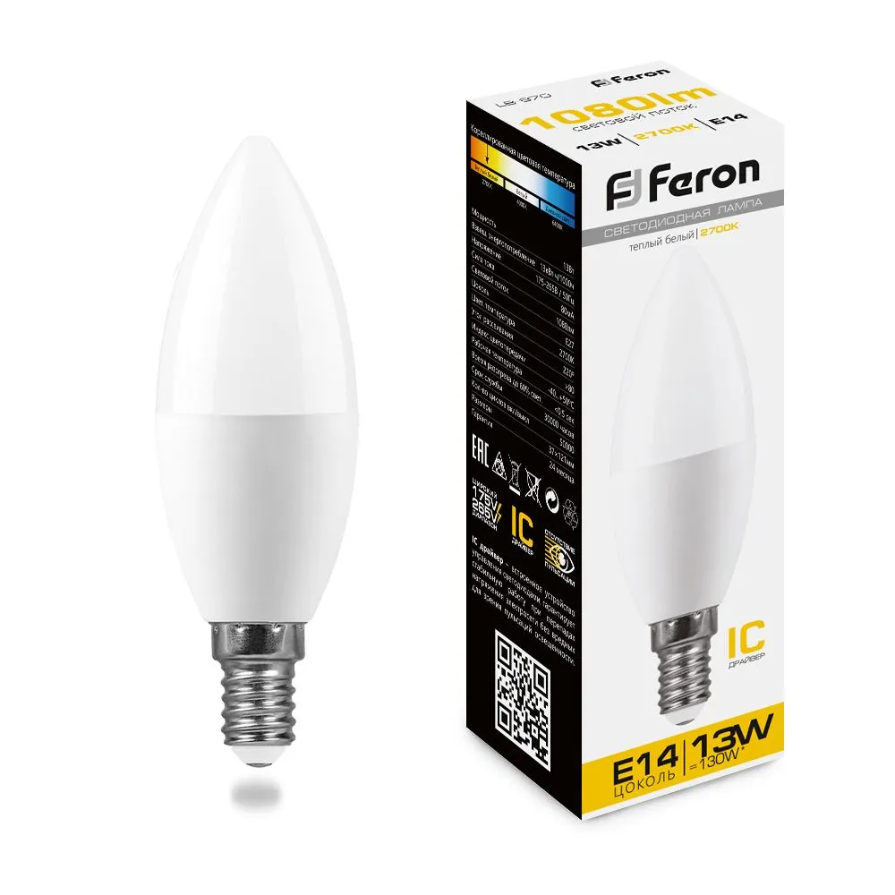 Лампа светодиодная LB-970 13Вт C37 свеча 2700К E14 230В FERON 38107
