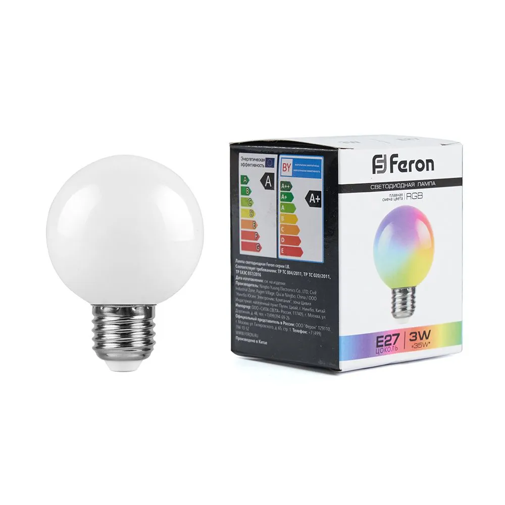 Лампа светодиодная LB-371 3Вт G60 шар матовая E27 230В RGB плавная смена цвета FERON 38115