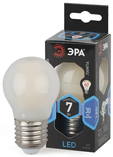 Лампа светодиодная F-LED P45-7W-840-E27 frost (филамент, шар мат., 7Вт, нейтр, E27) | Б0027959 | ЭРА