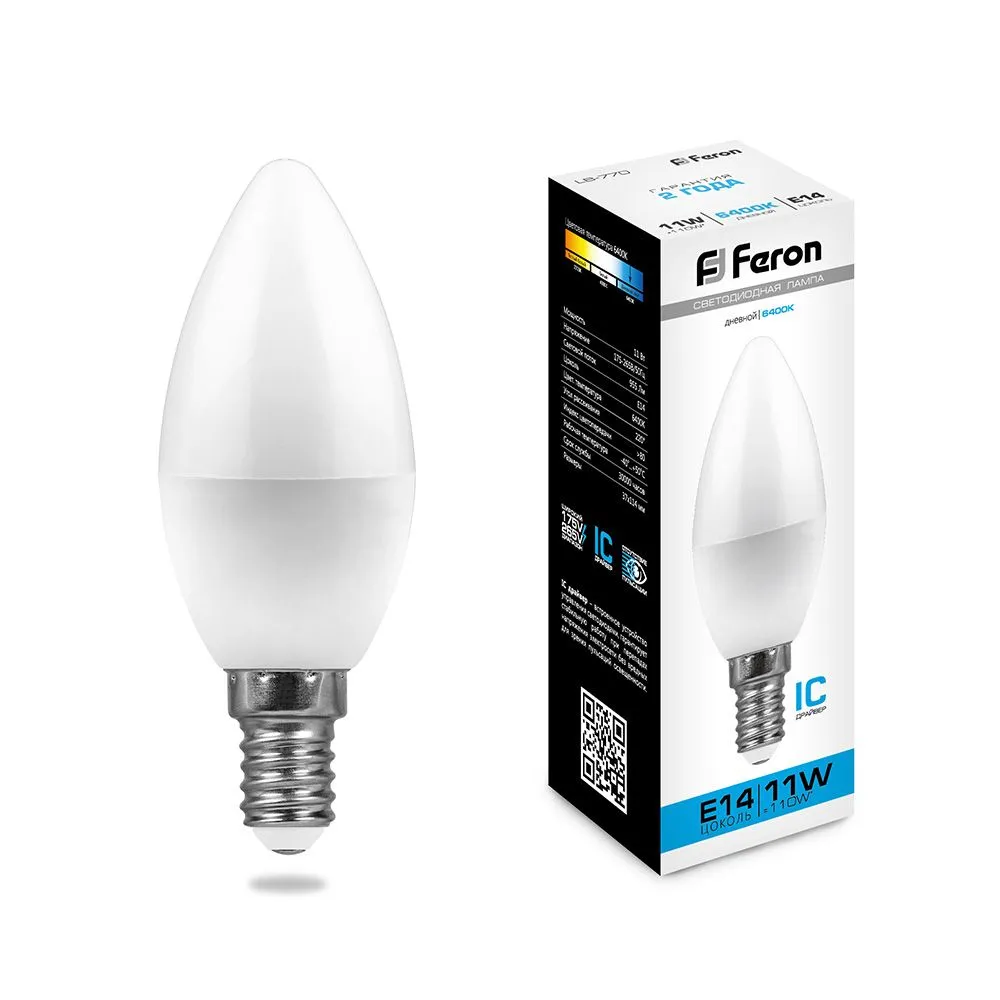 Лампа светодиодная LB-770 11Вт C37 свеча 6400К E14 230В FERON 25943