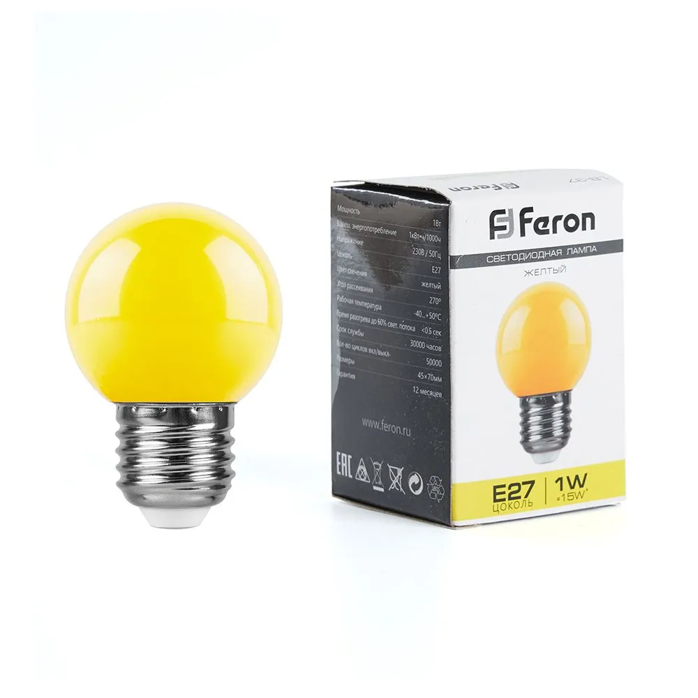 Лампа светодиодная LB-37 1Вт G45 шар матовая E27 230В желт. FERON 25879