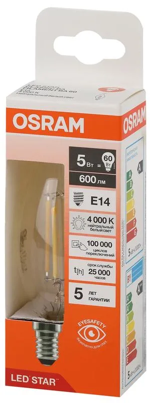 Лампа светодиодная филаментная LSCLBA60 5W/840 230VFILCL 5Вт 4000К нейтр. бел. E14 600лм BA угол пуч