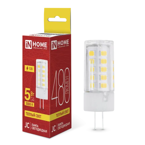 Лампа светодиодная LED-JC 5Вт 12В G4 3000К 480лм IN HOME 4690612059013