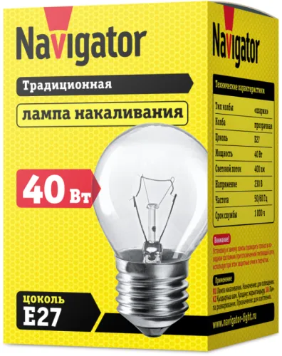 Лампа накаливания ЛОН  40Вт Е27 230В NI-C-40-230-E27-CL (КНР) | 94310 | Navigator