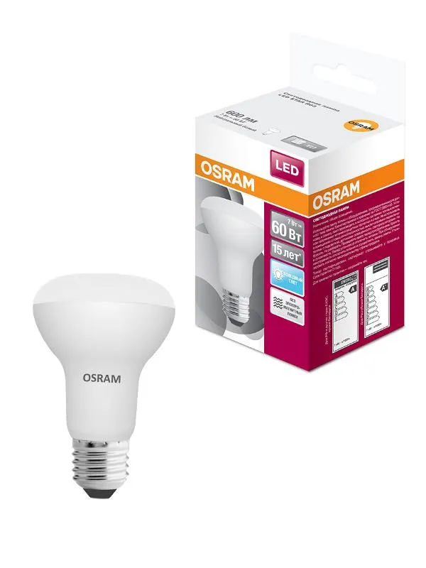 Лампа светодиодная LED STAR R63 7W, Е27 LEDSR6360 7W/840 230VFR E27 10X1 RU | 4058075282650 | Osram