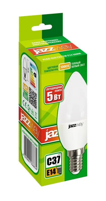Лампа светодиодная LED 5Вт E14 220В 3000К PLED- ECO-C37 свеча | 1036834A | Jazzway