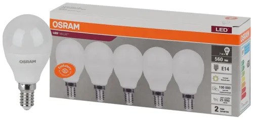 Лампа светодиодная LED Value LVCLP60 7SW/830 7Вт шар матовая E14 230В 2х5 RU (уп.5шт) OSRAM 40580755