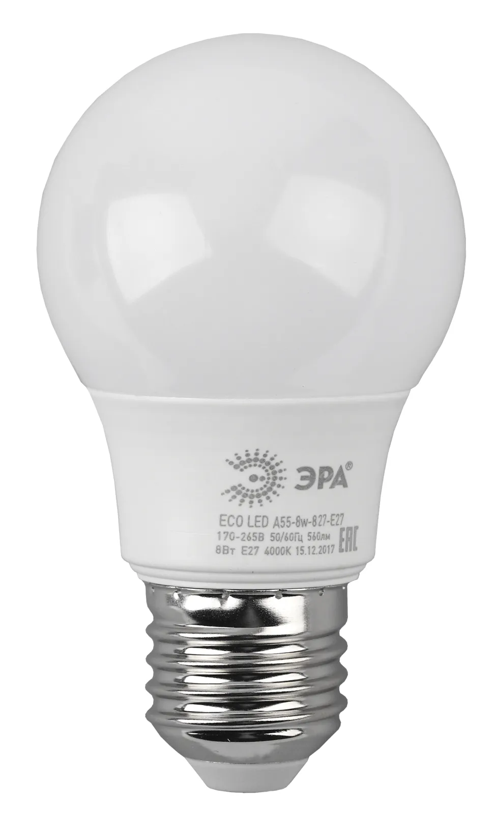 Лампа светодиодная ECO LED A55-8W-827-E27 Лампы СВЕТОДИОДНЫЕ ЭКО ЭРА (диод, груша, 8Вт, тепл, E27) |