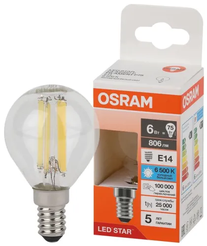 Лампа светодиодная, филаментная 6 Вт E14 6500 K 806 Lm 300 град. LED Star OSRAM 4058075688254