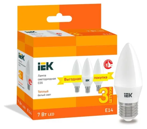 Лампа светодиодная LED C35 свеча 7Вт 230В 3000К E14 (3шт/упак) | LLE-C35-07-230-30-E14-3 | IEK