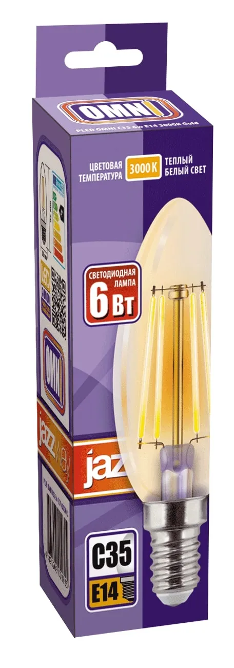 Лампа светодиодная филаментная PLED OMNI 6Вт C35 3000К тепл. бел. E14 230В/50Гц Gold JazzWay 5020634