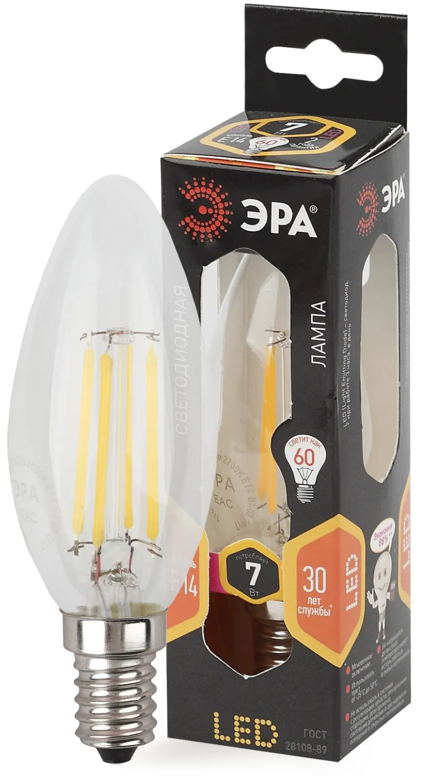 Лампа светодиодная LED филамент 7Вт Е14 2700К В35 827 свеча | Б0027942 | ЭРА