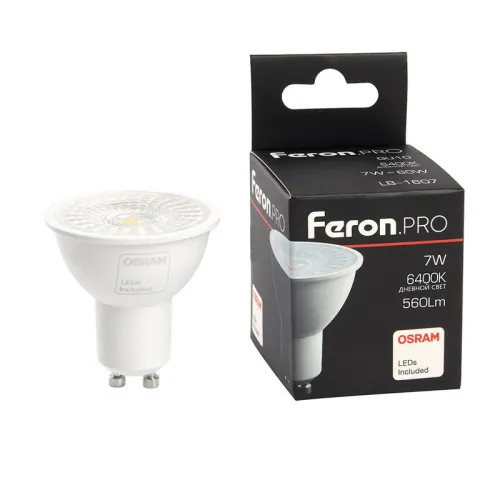 Лампа светодиодная LB-1607 7Вт MR16 6400К GU10 230В с линзой 38град. FERON 38178