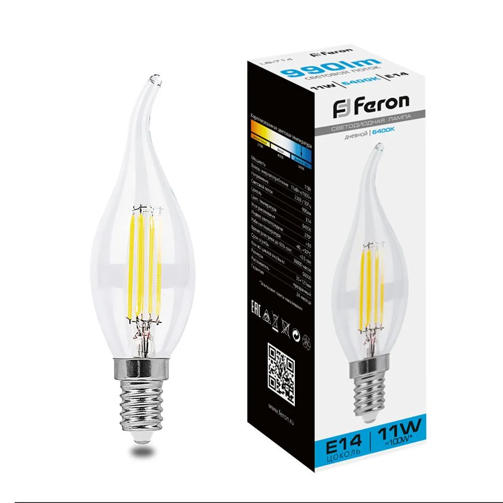 Лампа светодиодная LB-714 11Вт прозрачная 6400К E14 230В FERON 38237