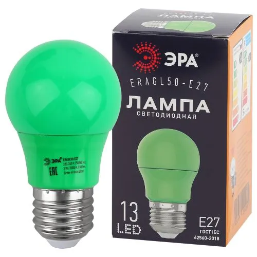 Лампы cветодиодные ERAGL50-E27 LED A50-3W-E27 (диод. груша зел., 13SMD, 3W, E27, для белт-лайт) (10/