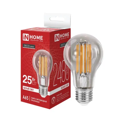 Лампа светодиодная филаментная LED-A65-deco грушевидная прозрачная 25Вт 230В E27 4000К 2480лм IN HOM
