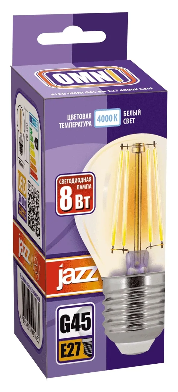 Лампа светодиодная филаментная PLED OMNI 8Вт G45 4000К нейтр. бел. E27 230В/50Гц Gold JazzWay 502166
