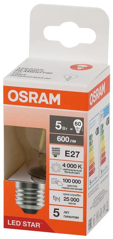 Лампа светодиодная филаментная LSCLP60 5W/840 230VFILCL 5Вт 4000К нейтр. бел. E27 600лм P угол пучка