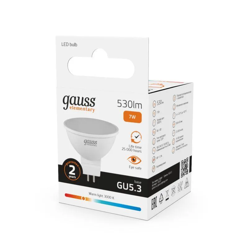 Лампа светодиодная Elementary 7Вт MR16 софит 3000К тепл. бел. GU5.3 530лм GAUSS 13517