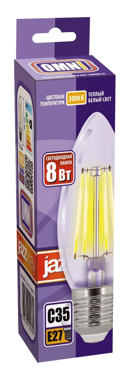 Лампа светодиодная филаментная PLED OMNI 8Вт C35 3000К тепл. бел. E27 230В/50Гц CL JazzWay 5020726
