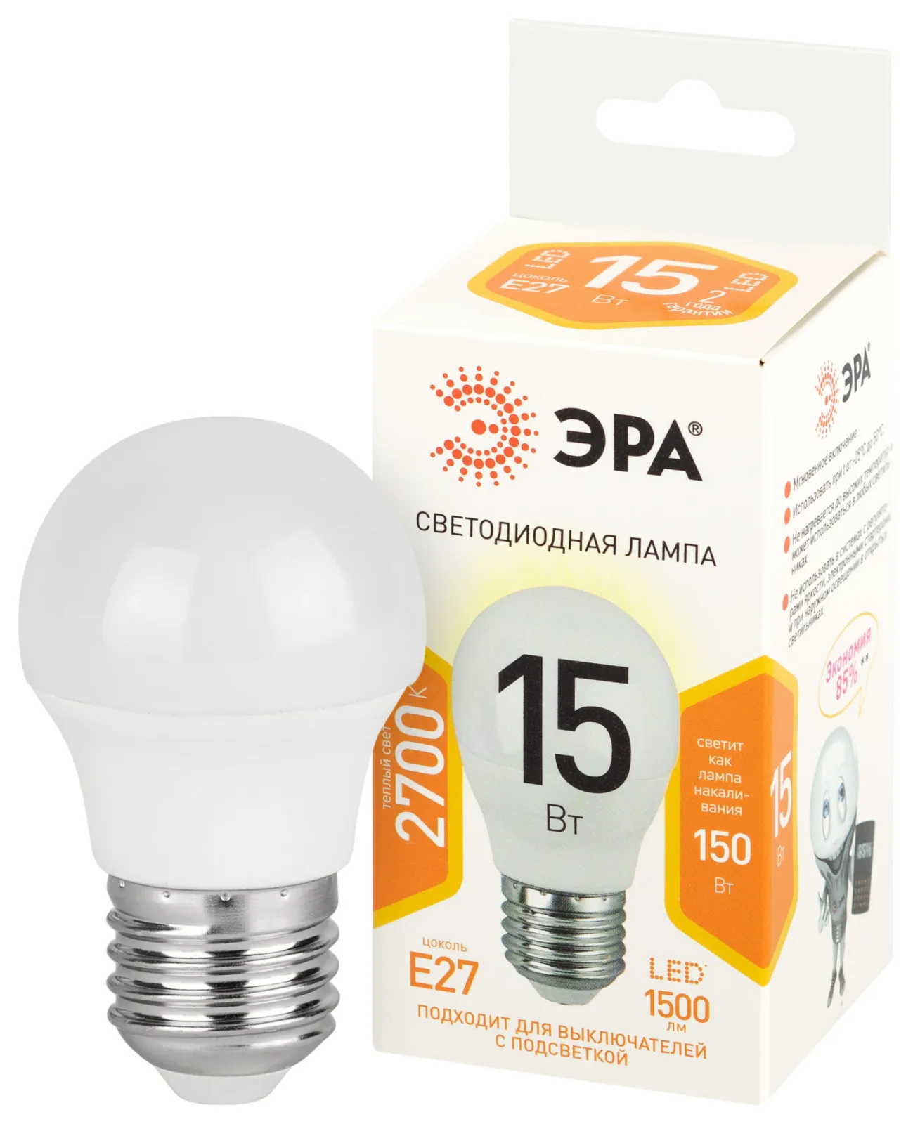 Лампа светодиодная STD LED P45-15W-827-E27 15Вт шар тепл. бел. свет Е27 Эра Б0066831