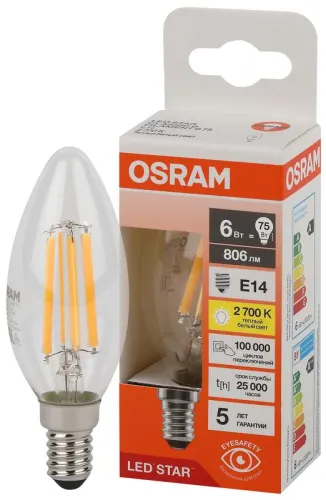 Лампа светодиодная филаментная LSCLB75 6W/827 230VFILCL 6Вт 2700К тепл. бел. E14 806лм B угол пучка 