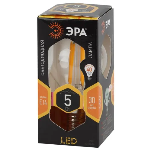 Лампа светодиодная F-LED P45-5W-827-E14 (филамент, шар, 5Вт, тепл, E14) | Б0043437 | ЭРА