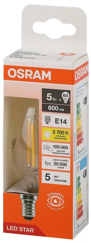 Лампа светодиодная филаментная LSCLBA60 5W/827 230VFILCL 5Вт 2700К тепл. бел. E14 600лм BA угол пучк