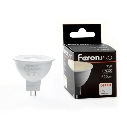 Лампа светодиодная LB-1607 7Вт MR16 2700К G5.3 230В с линзой 110град. FERON 38185