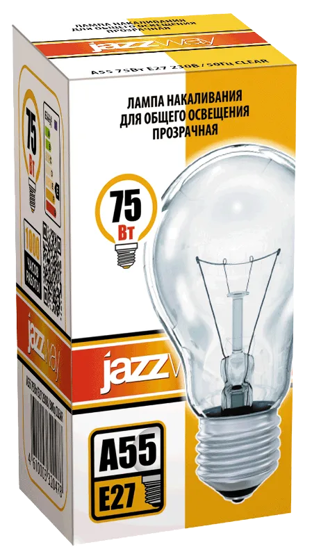 Лампа накаливания ЛОН  75Вт Е27 240В A55 clear (Б 230-75-5) | 3320478 | Jazzway