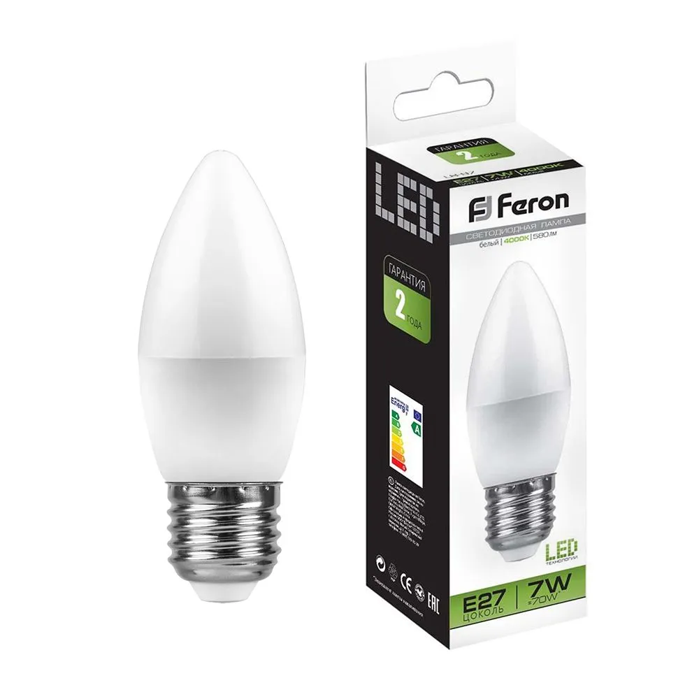 Лампа светодиодная LB-97 7Вт C37 свеча 4000К E27 230В FERON 25759