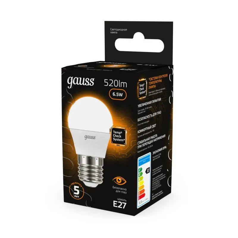 Лампа светодиодная Black 6.5Вт P45 шар 3000К тепл. бел. E27 520лм GAUSS 105102107