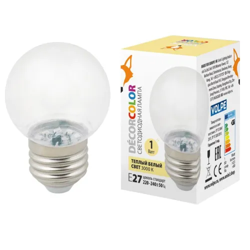 Лампа светодиодная декоративная LED-G45-1W/3000K/E27/CL/С "шар" прозрачн. теплый бел. свет (3000К) к