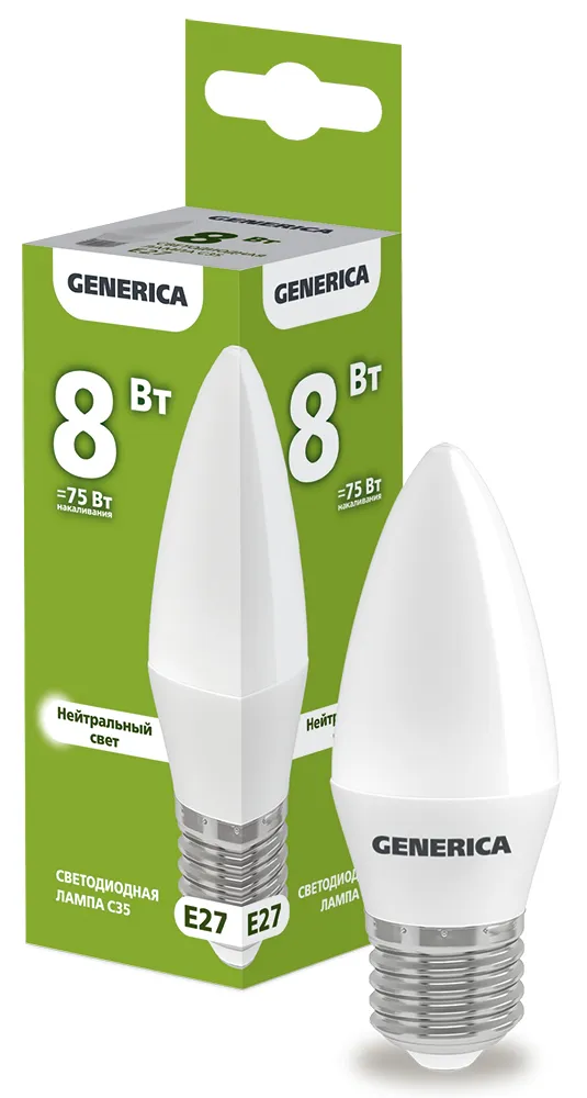 Лампа светодиодная C35 8Вт свеча 4000К E27 230В GENERICA LL-C35-08-230-40-E27-G