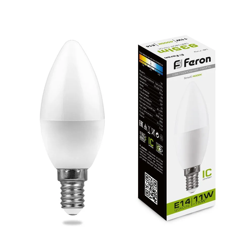 Лампа светодиодная LB-770 11Вт C37 свеча 4000К E14 230В FERON 25942