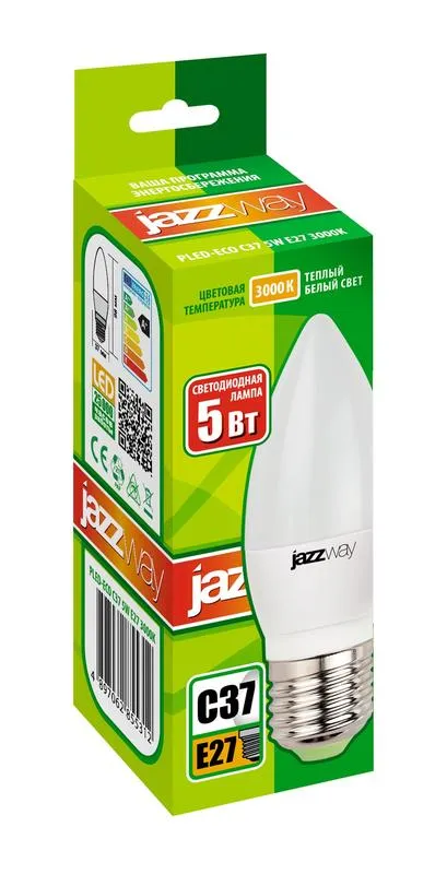 Лампа светодиодная LED 5Вт Е27 220В 3000К PLED- ECO-C37 свеча | 2855312A | Jazzway