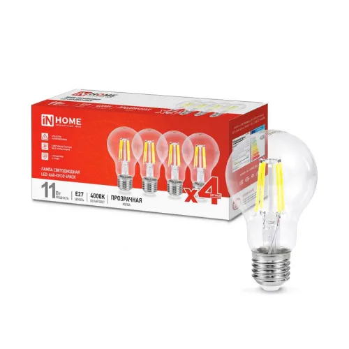 Лампа светодиодная филаментная LED-A60-deco 4PACK 11Вт прозрачная 4000К нейтр. бел. E27 1160лм 230В