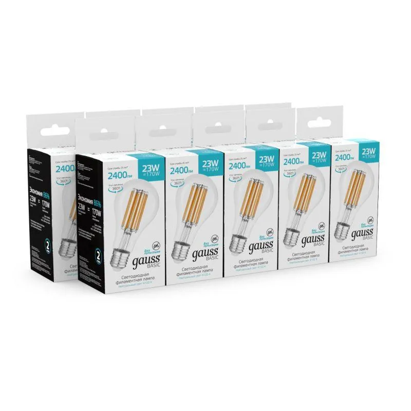 Лампа Gauss Basic Filament А70 23W 2400lm 4100К Е27 LED 1/10/40 40712232