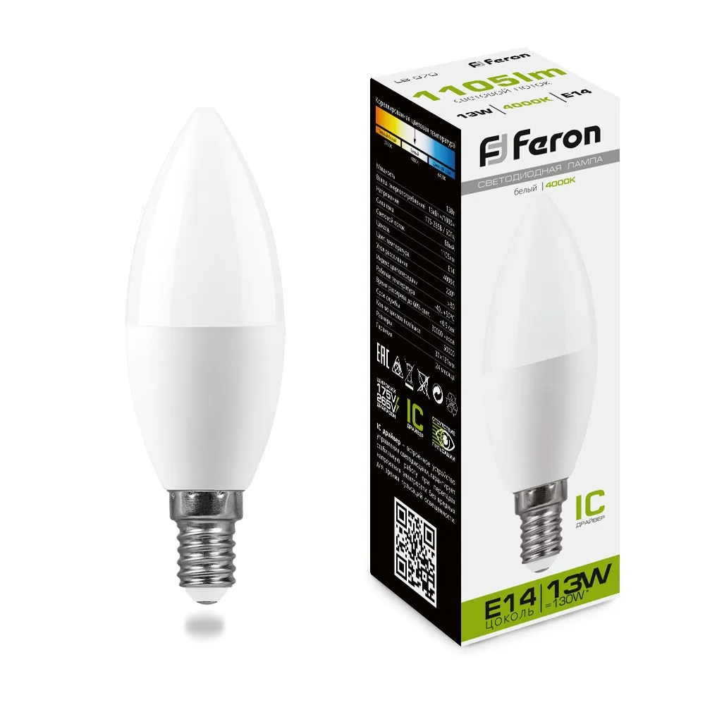 Лампа светодиодная LB-970 13Вт C37 свеча 4000К E14 230В FERON 38108